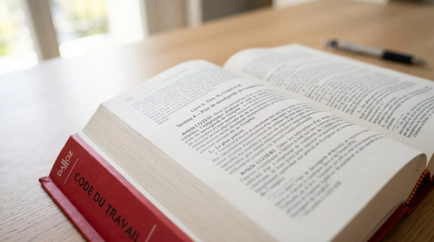Gros plan sur le Code du travail français ouvert sur les articles L1233 relatifs au PSE, lumière naturelle latérale