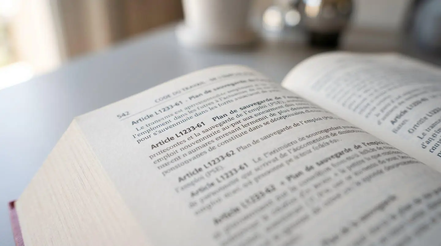 Gros plan sur le Code du travail français ouvert sur les articles L1233 relatifs au PSE, lumière naturelle latérale