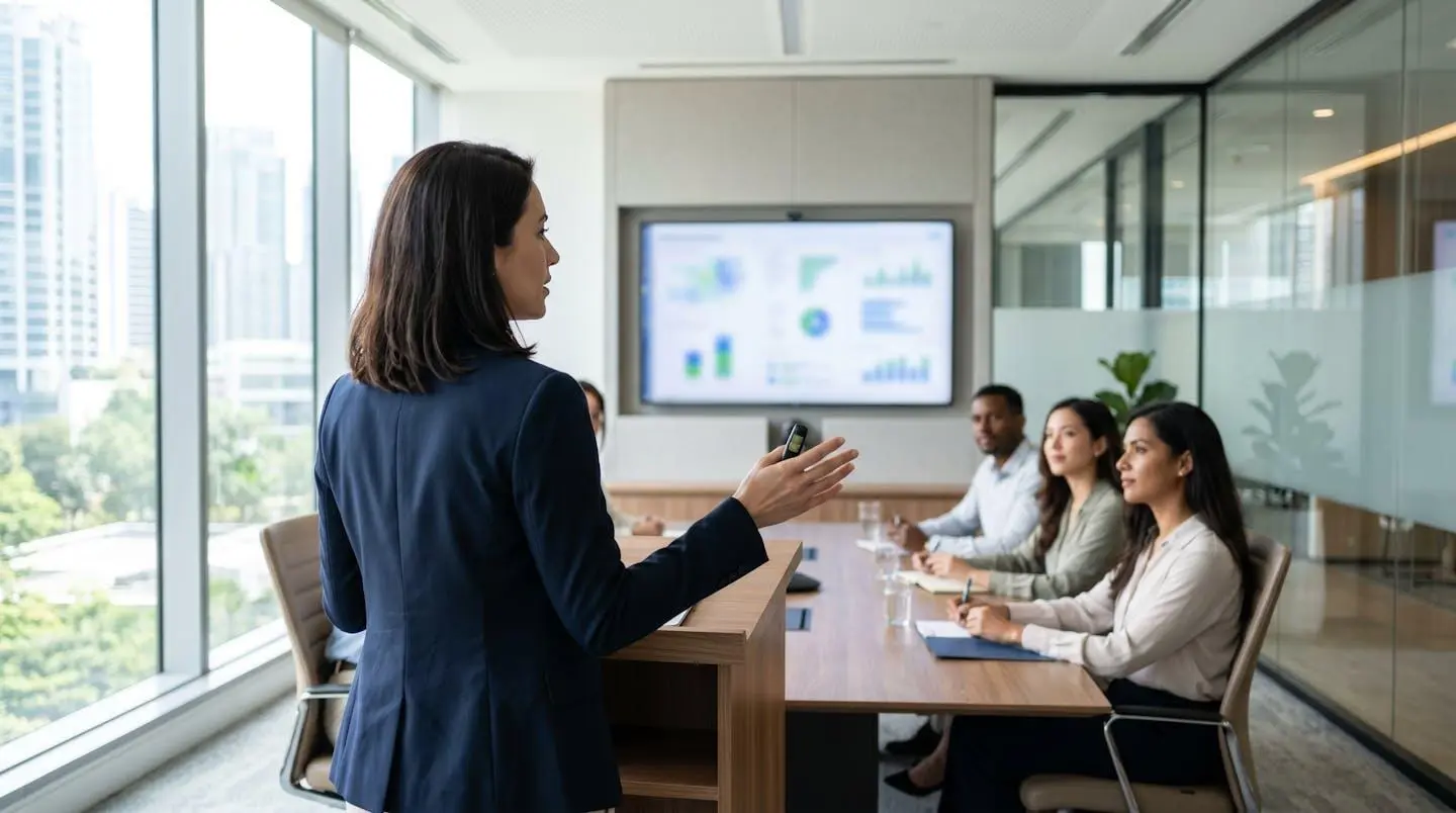 Expert-comptable de dos présentant une analyse financière à des élus CSE dans une salle de réunion contemporaine, écran totalement flouté