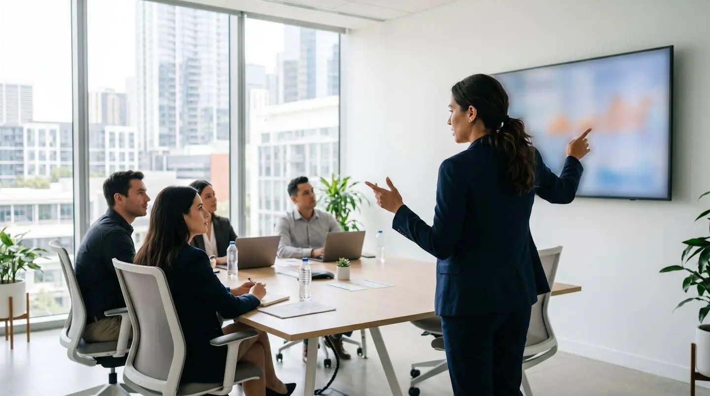 Expert-comptable de dos présentant une analyse financière à des élus CSE dans une salle de réunion contemporaine, écran totalement flouté