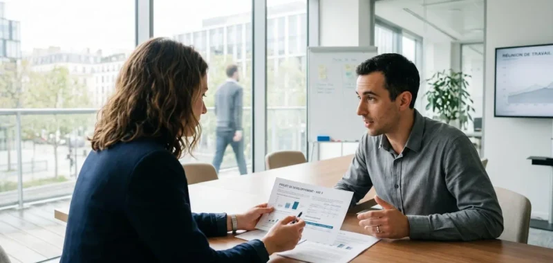 Deux élus du CSE consultant des documents de restructuration lors d'une réunion, vus de profil dans une salle moderne lumineuse