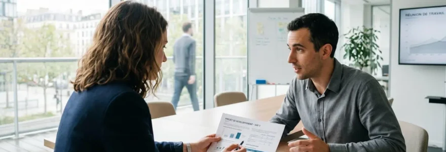 Deux élus du CSE consultant des documents de restructuration lors d'une réunion, vus de profil dans une salle moderne lumineuse