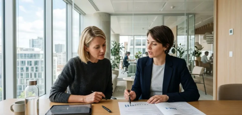 Deux élus du CSE consultant des documents de restructuration lors d'une réunion, vus de profil dans une salle moderne lumineuse