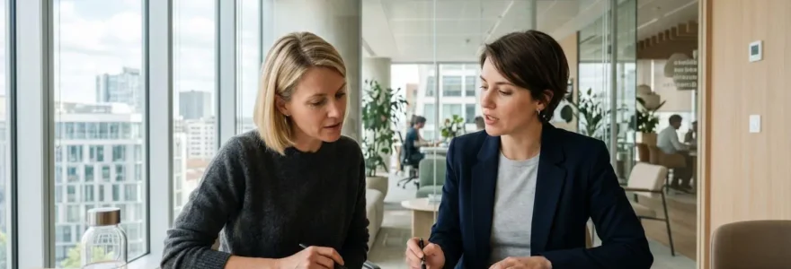 Deux élus du CSE consultant des documents de restructuration lors d'une réunion, vus de profil dans une salle moderne lumineuse