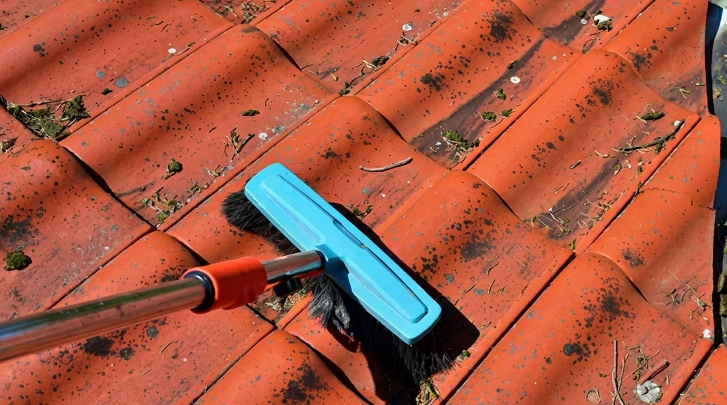 Professionnel en tenue de travail utilisant une perche télescopique en fibre de carbone pour intervenir sur une toiture résidentielle depuis le sol, méthode douce sans monter sur le toit