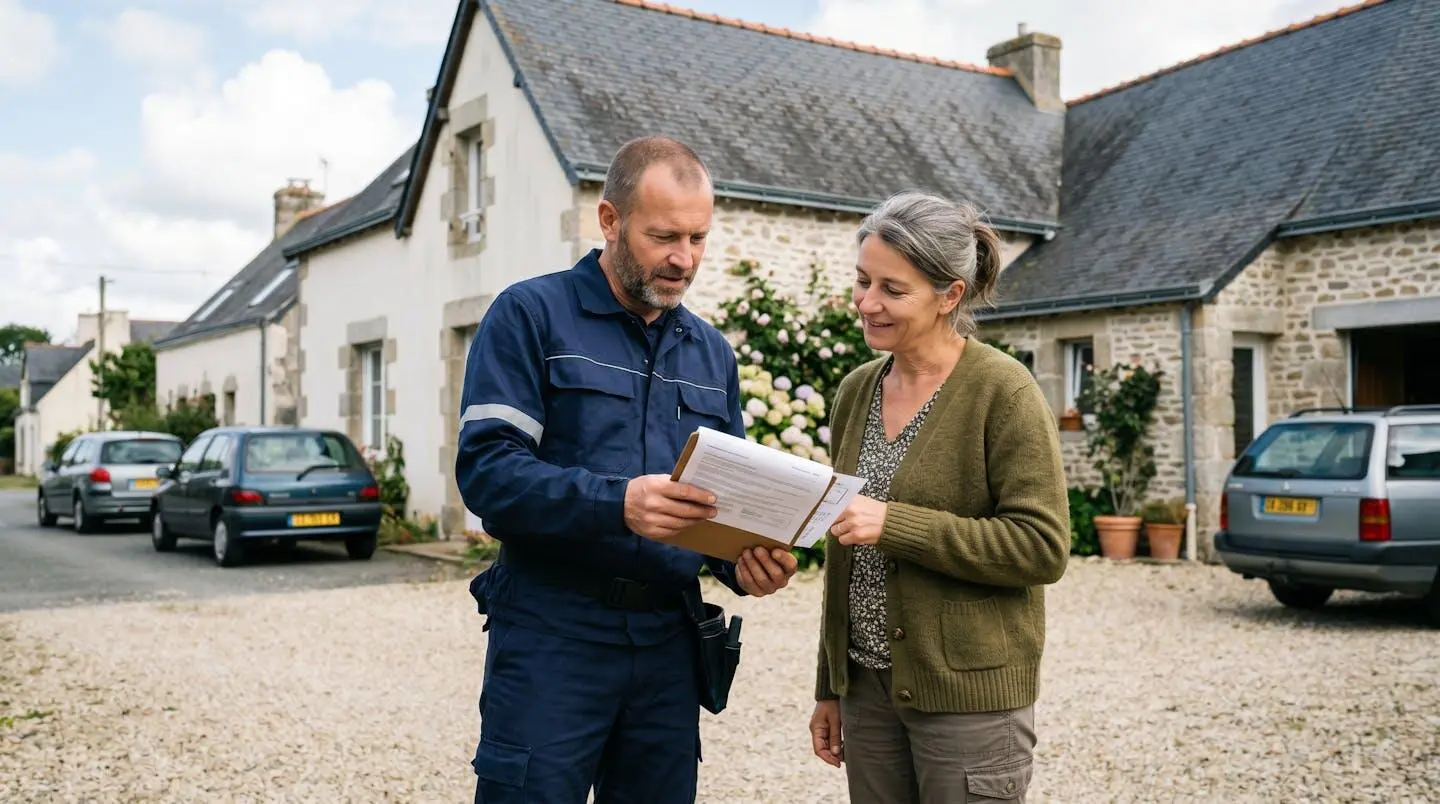 Professionnel spécialisé en entretien de toiture présentant un document d'inspection à un propriétaire lors d'une consultation extérieure devant une maison résidentielle