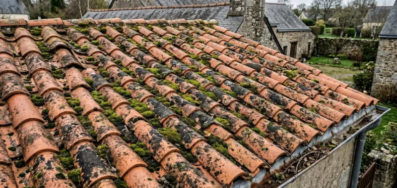 Toiture en tuiles terre cuite présentant une accumulation importante de mousse verte et noire entre les tuiles, typique d'une maison de la région Pays de la Loire exposée à un climat océanique humide