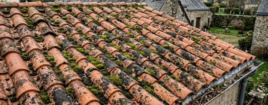 Toiture en tuiles terre cuite présentant une accumulation importante de mousse verte et noire entre les tuiles, typique d'une maison de la région Pays de la Loire exposée à un climat océanique humide