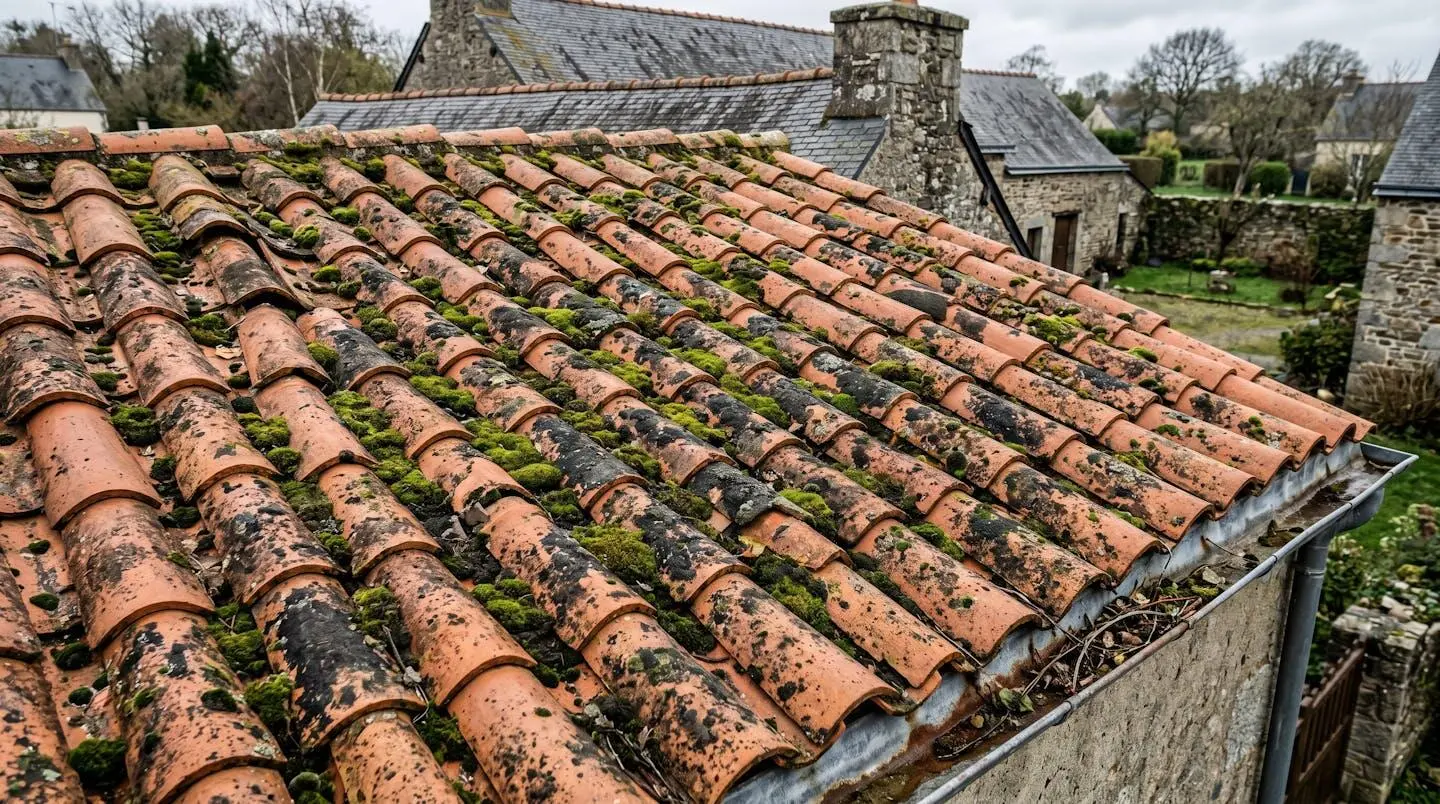 Toiture en tuiles terre cuite présentant une accumulation importante de mousse verte et noire entre les tuiles, typique d'une maison de la région Pays de la Loire exposée à un climat océanique humide