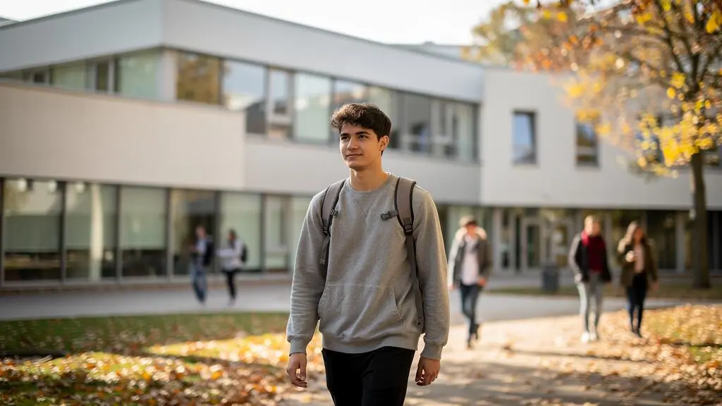 Jeune adulte marchant sur un campus universitaire français moderne, bâtiments académiques en arrière-plan