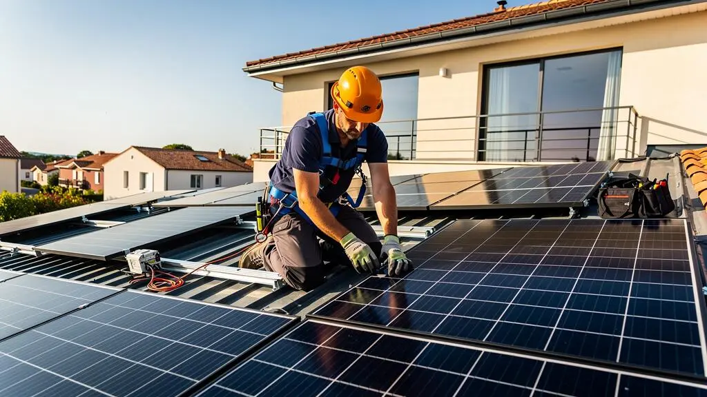 Technicien installant des panneaux solaires sur le toit d'un bâtiment résidentiel en France, manipulation de l'équipement photovoltaïque
