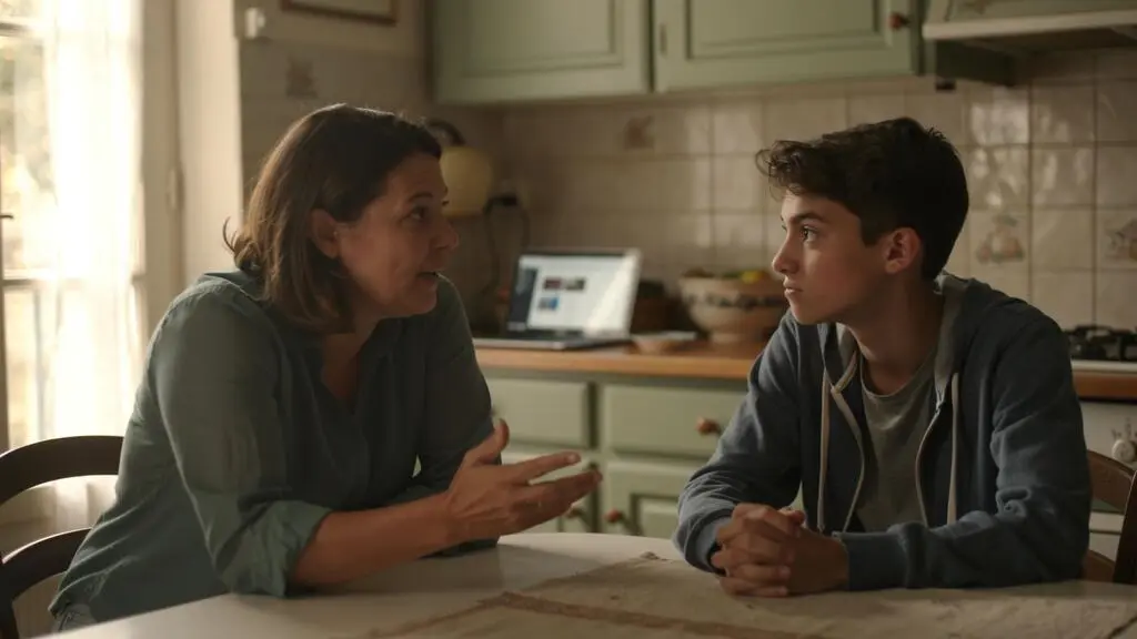 Parent et adolescent en discussion autour d'une table de cuisine dans un intérieur français, ordinateur portable visible en arrière-plan