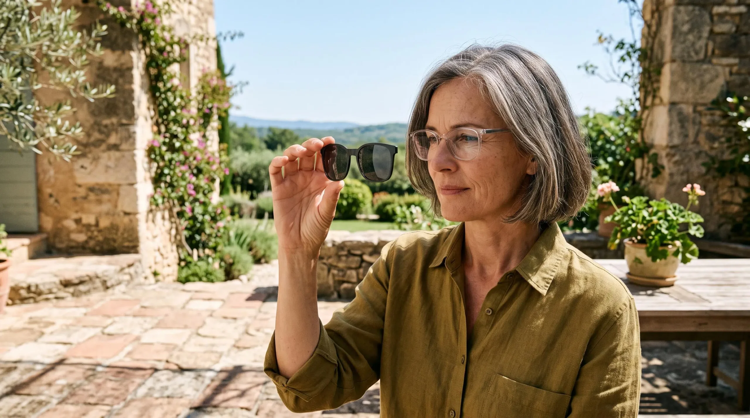 Femme portant des lunettes de soleil correctrices et tenant un clip solaire polarisé sur une terrasse ensoleillée.
