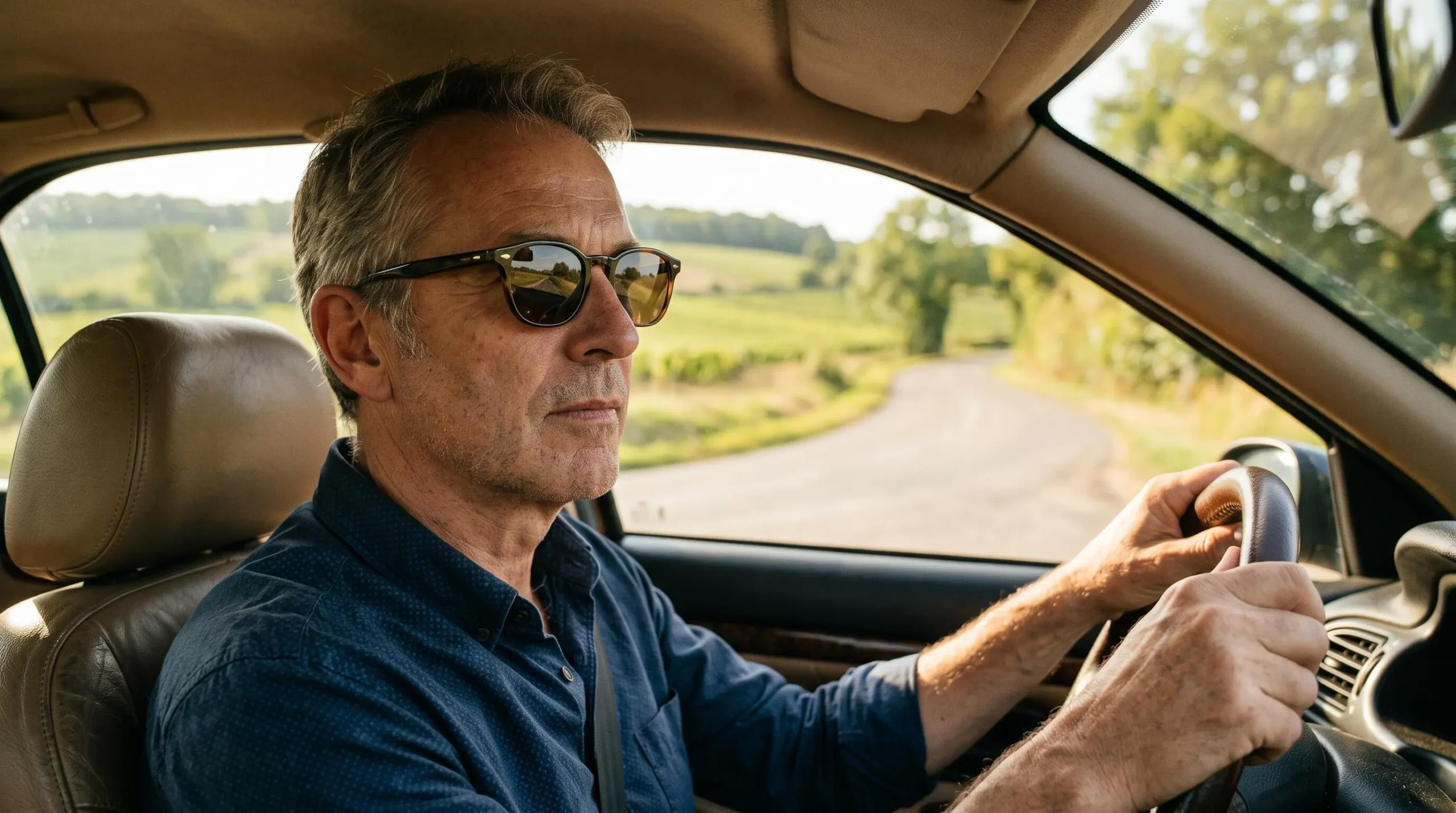 Homme d'âge mûr conduisant au soleil avec des lunettes de soleil correctrices à verres progressifs sur une route de campagne française.