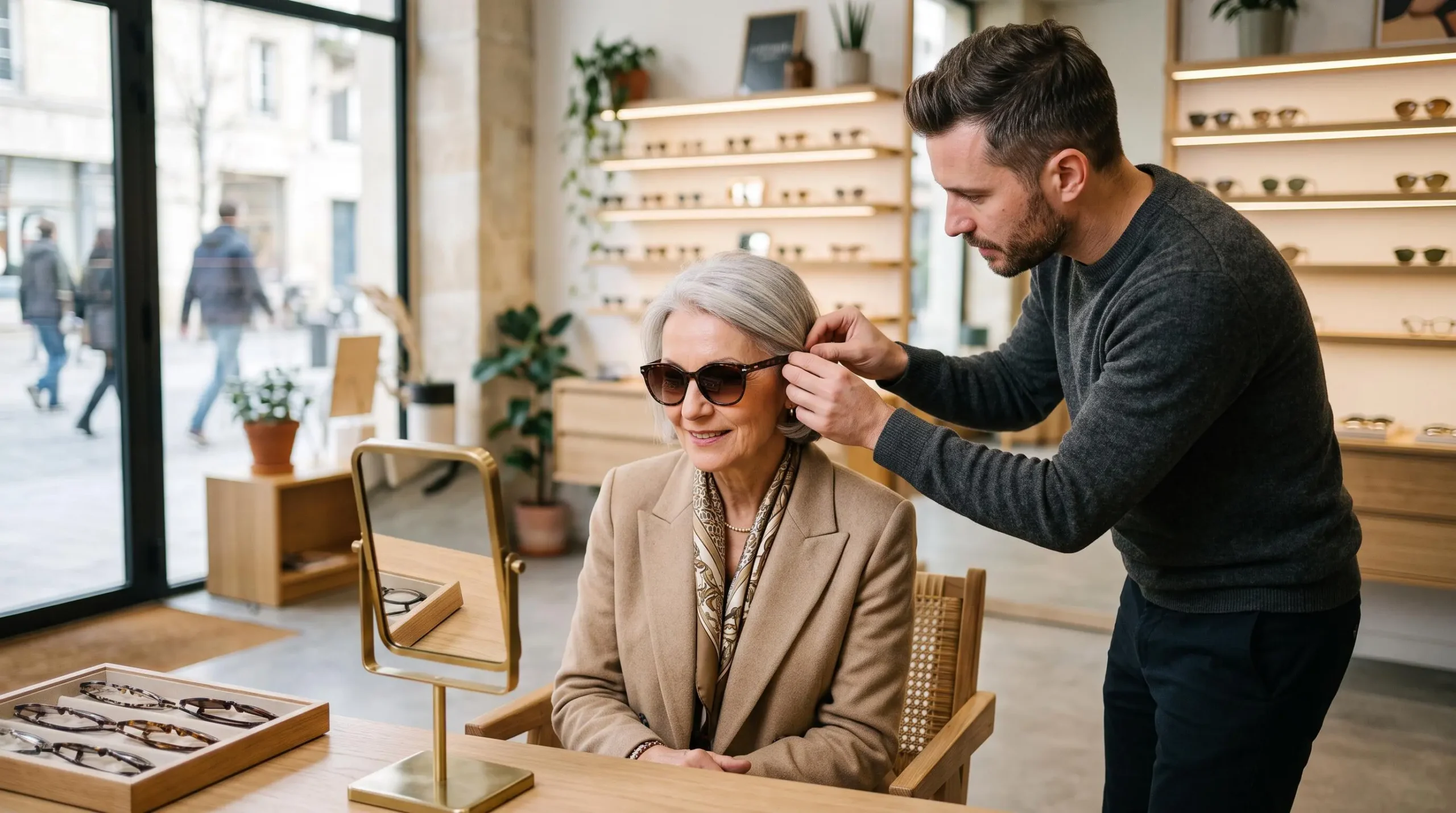 Opticien ajustant une paire de lunettes de soleil correctrices sur le visage d'une cliente dans une boutique d'optique.