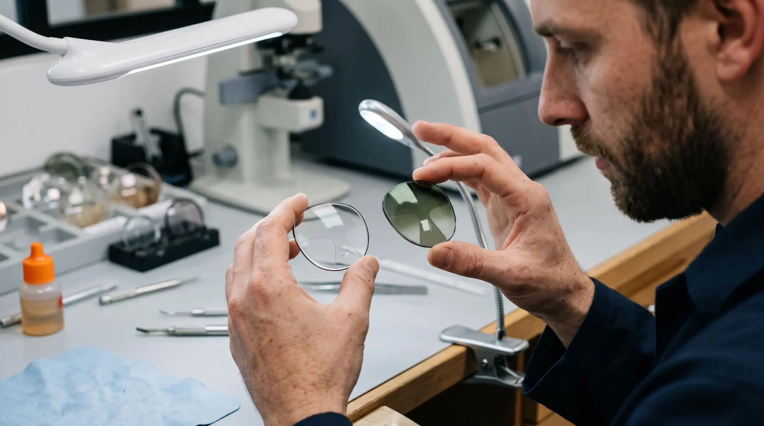 Mains d'un opticien examinant un verre photochromique en cours de transition entre teinte claire et solaire.